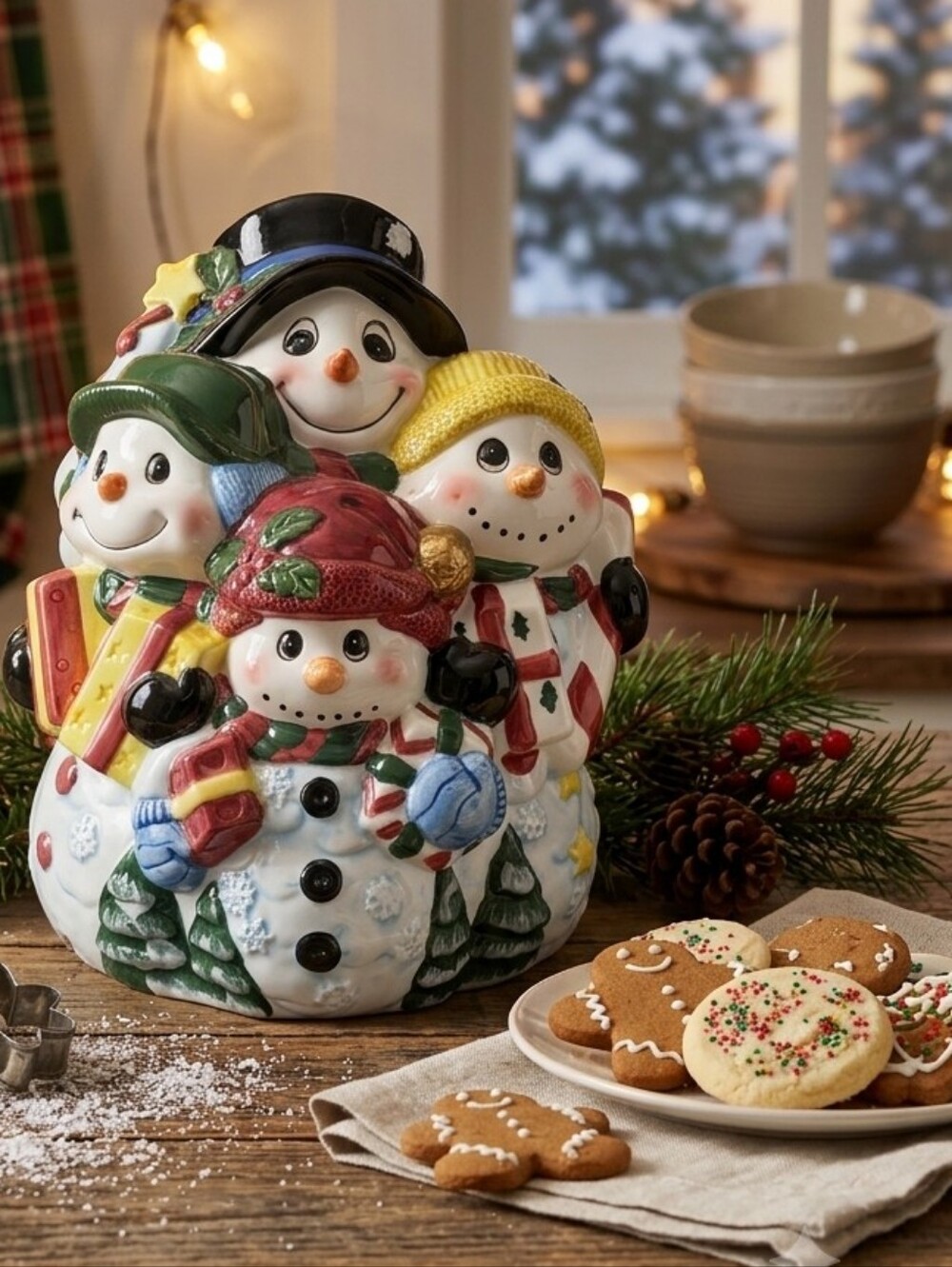 3D Ceramic Snowman Family Christmas Cookie Jar - 13" Holiday Treat Canister